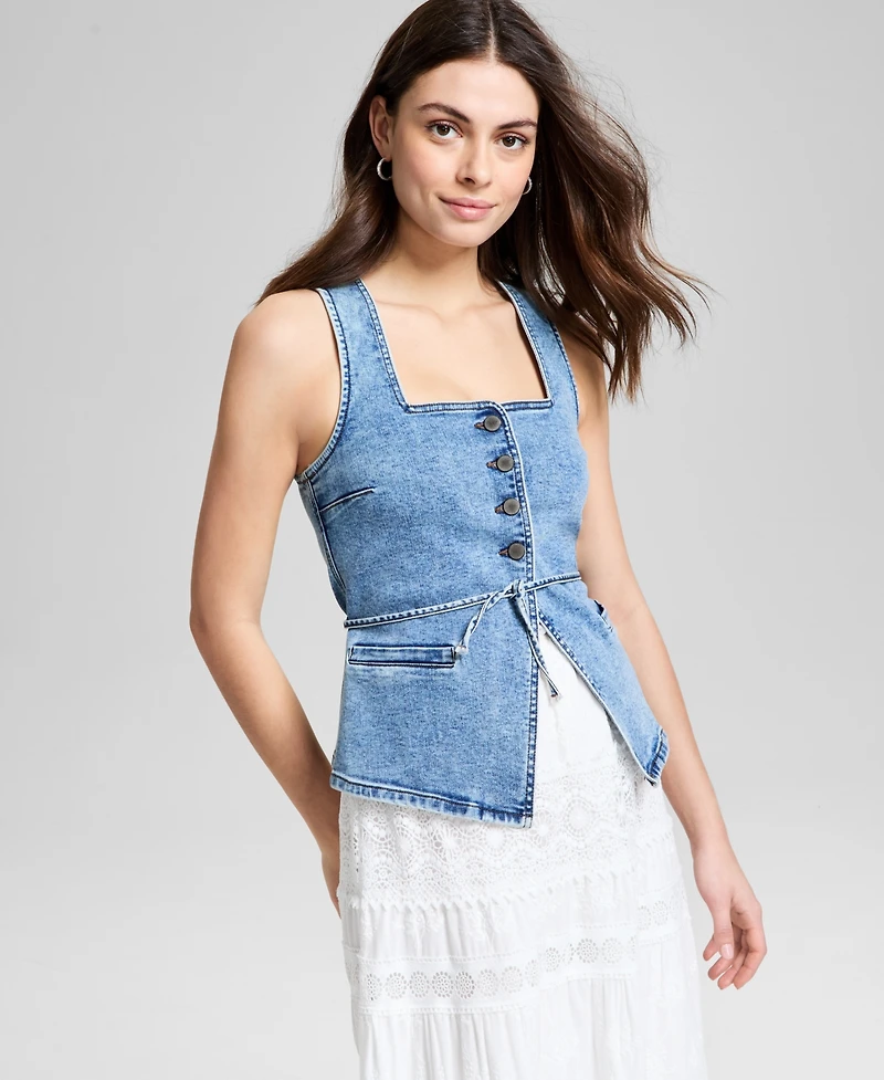 And Now This Petite Button-Front Sleeveless Denim Top, Exclusively at Macy's