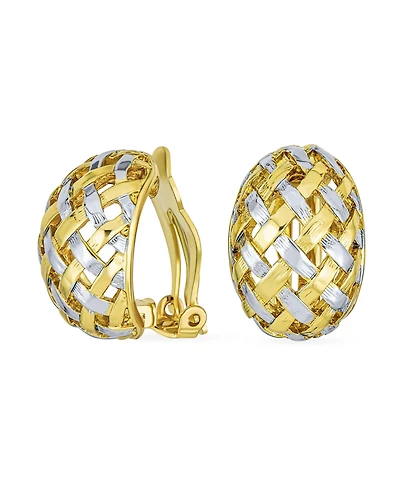 Bling Jewelry Half Hoop Shrimp Style Woven Braided Dome Two Tone Open Basket Weave Clip On Earrings Button Style Non Pierced Ears Silver Gold Plated B