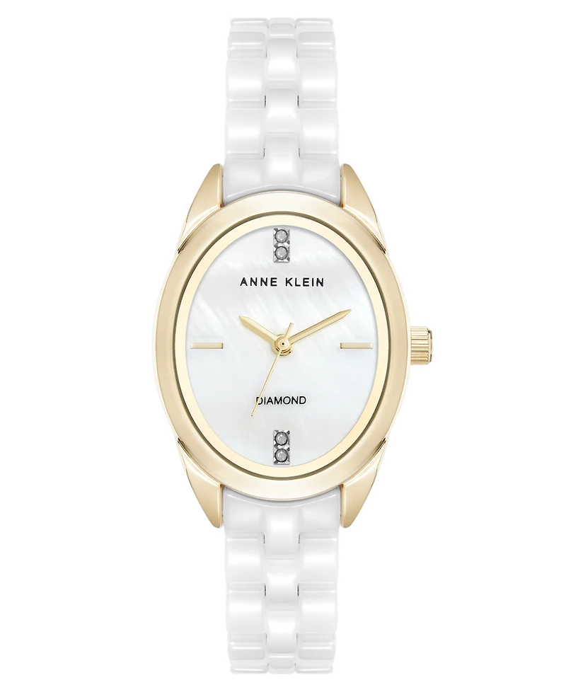 Anne Klein Women's Quartz White Ceramic Oval Diamond Dial Watch, 27mm