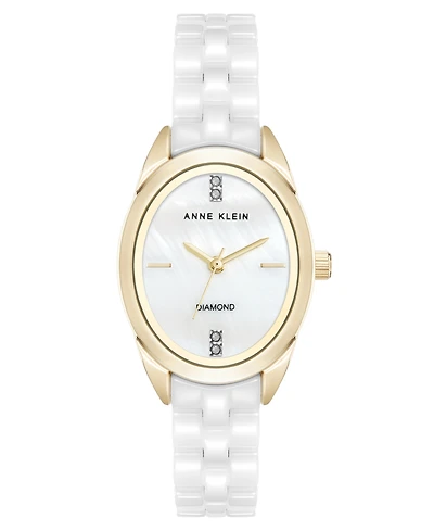 Anne Klein Women's Quartz White Ceramic Oval Diamond Dial Watch, 27mm