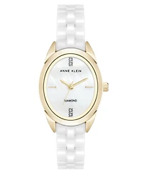 Anne Klein Women's Quartz White Ceramic Oval Diamond Dial Watch, 27mm