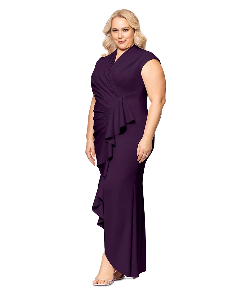 Betsy & Adam Plus Size Cascading Ruffle Wrap Gown