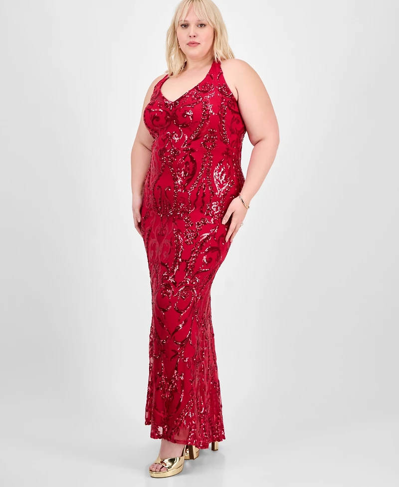 B Darlin Trendy Plus Size Sequin Embellished Halter Gown, Created for Macy's