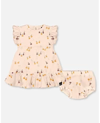 Deux par Baby Girls Printed Cotton Dress And Bloomer Set Peach With Pears