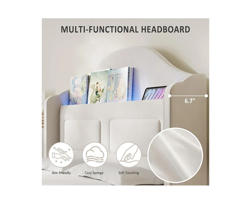 gaomon Upholstered Twin Bed Frame with Led Lights, Velvet Platform Bed Frame with Wing Back Storage Headboard, Wood Slats Support