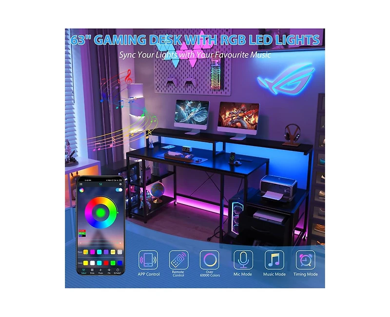 gaomon Computer Desk 63" with File Drawer, Gaming Desk with Led Light & Power Outlets, Home Office Desk with Printer Space
