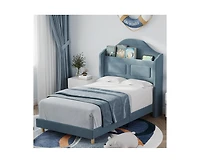 gaomon Upholstered Twin Bed Frame with Led Lights, Velvet Platform Bed Frame with Wing Back Storage Headboard, Wood Slats Support