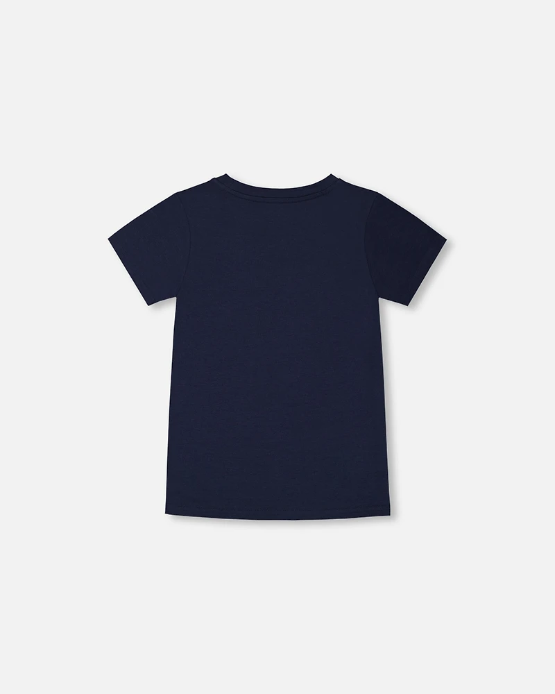 Deux par Toddler Boys Cotton Graphic Tee Smiling Navy Blue - Toddler|Child