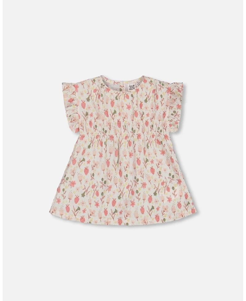 Deux par Deux Toddler Girls Printed Seersucker Blouse With Frills Pink Flowers On Cream Background - Toddler|Child
