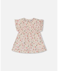 Deux par Deux Toddler Girls Printed Seersucker Blouse With Frills Pink Flowers On Cream Background - Toddler|Child