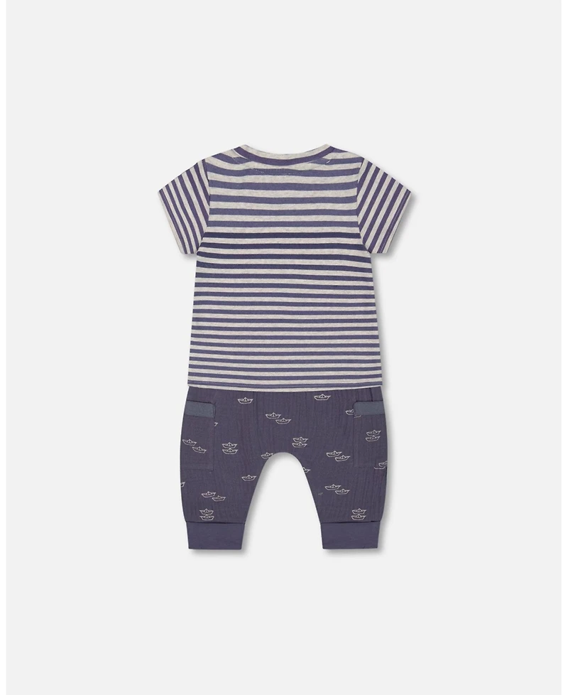 Deux par Deux Baby Boys Organic Cotton Top And Muslin Pant Set Striped Navy