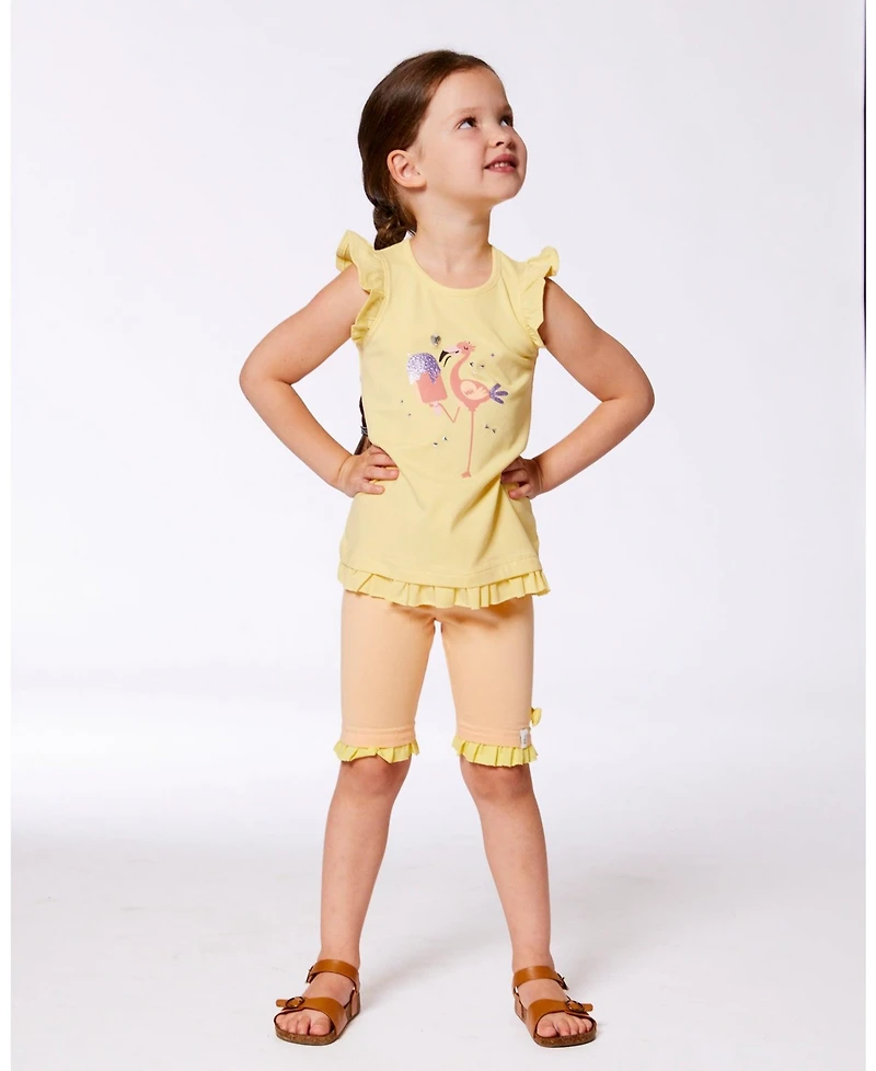 Deux par Deux Toddler Girls Cotton Tunic With Frill And Print Yellow And Flamingo - Toddler|Child