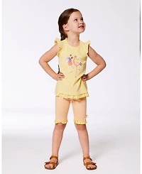 Deux par Deux Toddler Girls Cotton Tunic With Frill And Print Yellow And Flamingo - Toddler|Child