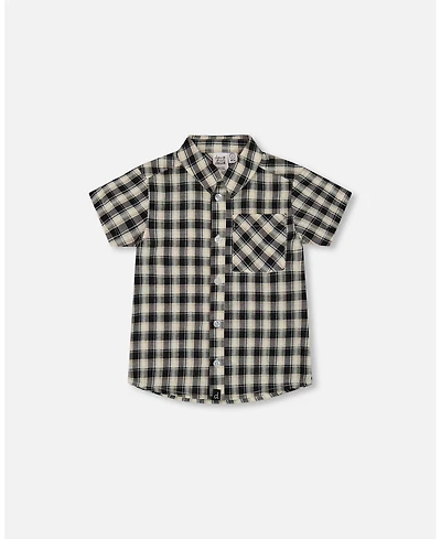 Deux par Deux Baby Boys Short Sleeve Button Down Shirt Black And Beige Plaid