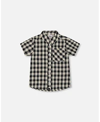 Deux par Deux Baby Boys Short Sleeve Button Down Shirt Black And Beige Plaid