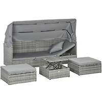 4 Piece Adjustable Canopy Outdoor Rat Sofa Set, Light