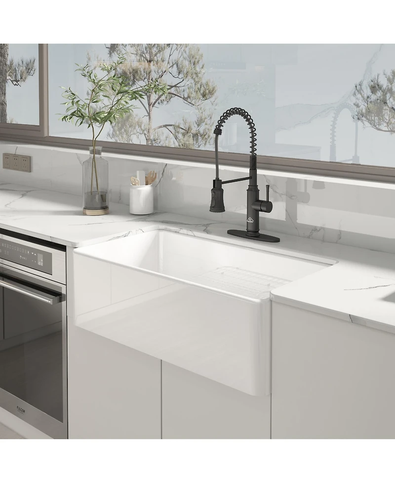 Casainc 33inch L x 18inch W Single Bowl Fireclay Farmhouse Kitchen Sink with Sink Grid