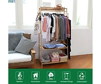 Unho Bamboo Clothes Rail Stand: Garments Storage Rack Shoes Shelf for Bedroom Living Room