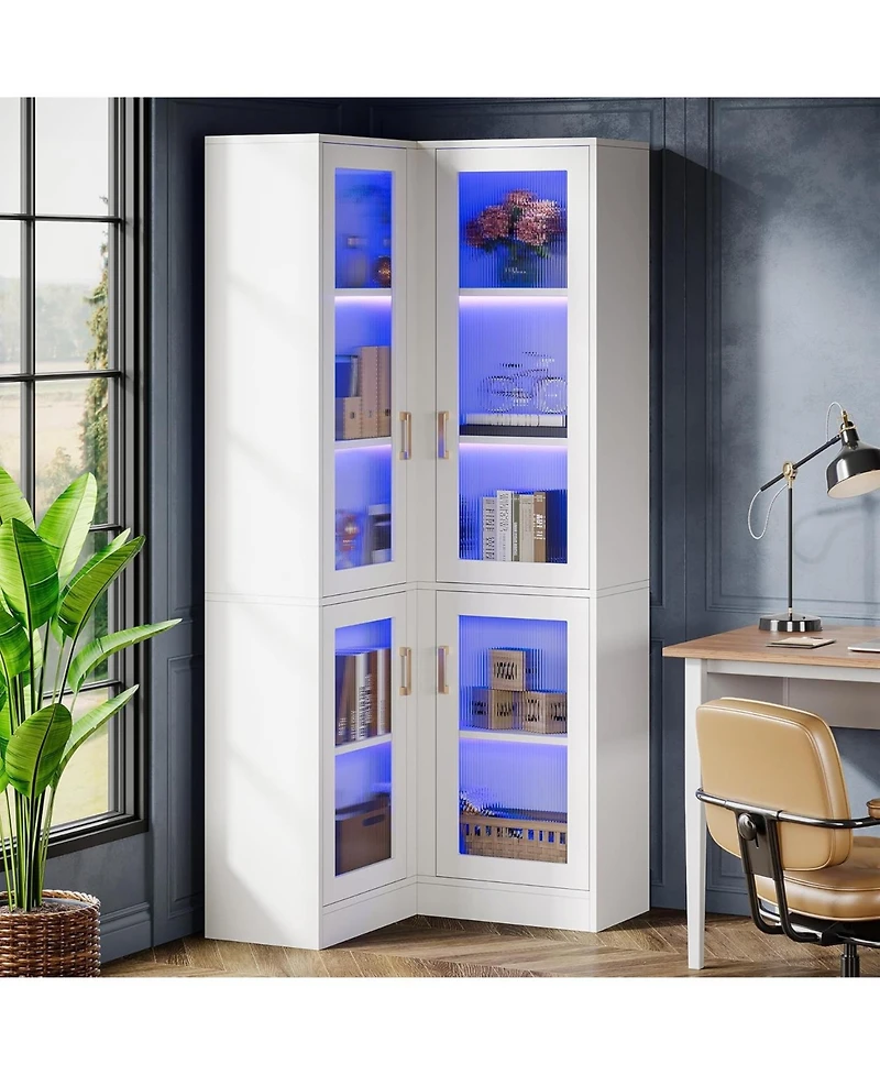 Tribesigns 70.9" Tall Bookcase with Led Light, Modern 5-Tier Bookshelf Display Cabinet with 4 Acrylic Doors, L-Shaped Corner Storage Cabinet