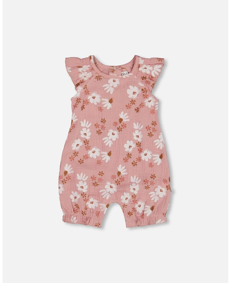 Deux par Baby Girls Printed Muslin Romper Pink And White Flowers