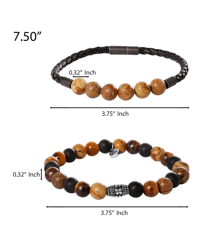 Lucky Brand Tiger s Eye, Black Onyx, Picture Jasper Stretch Bead & Magnetic Cord Bracelet Set - 2 Piece