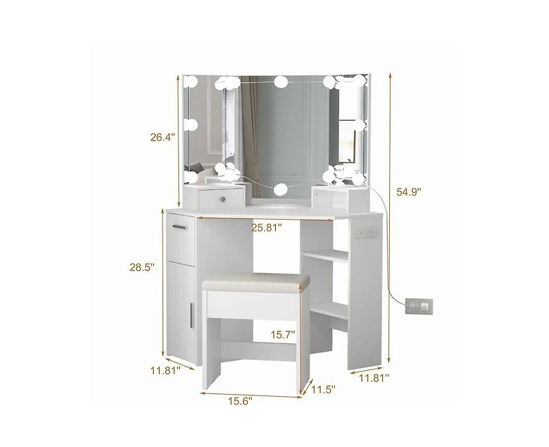 gaomon Corner Vanity Mirror with Lights and Table Set & Power Outlet, Makeup Vanity Table with Lights with 2 Drawers & Stool
