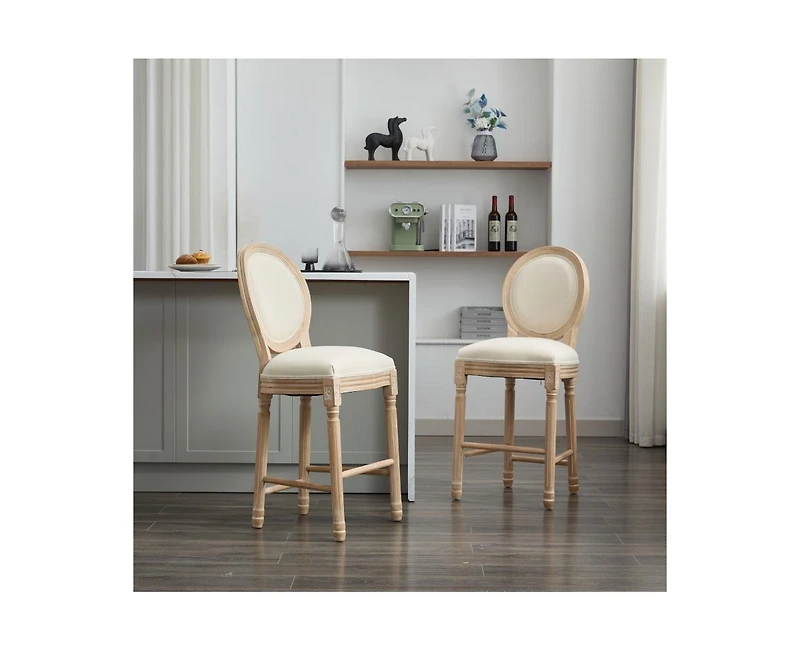 Solid Wood Bar Stools Set of 2, French Country Style Bar Chairs with Upholstered Cushions and Backrest-The Pop Home