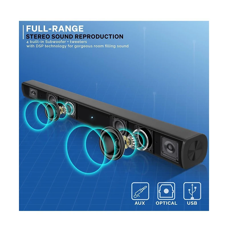 Pyle Wave Base Bluetooth Soundbar Speaker System With Remote, Aux, Optical Input
