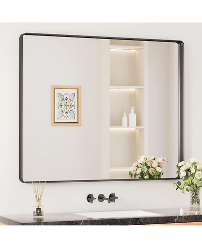 Keonjinn 42x36 Inch Brushed Gold Bathroom Vanity Mirror Tempered Glass Metal Framed