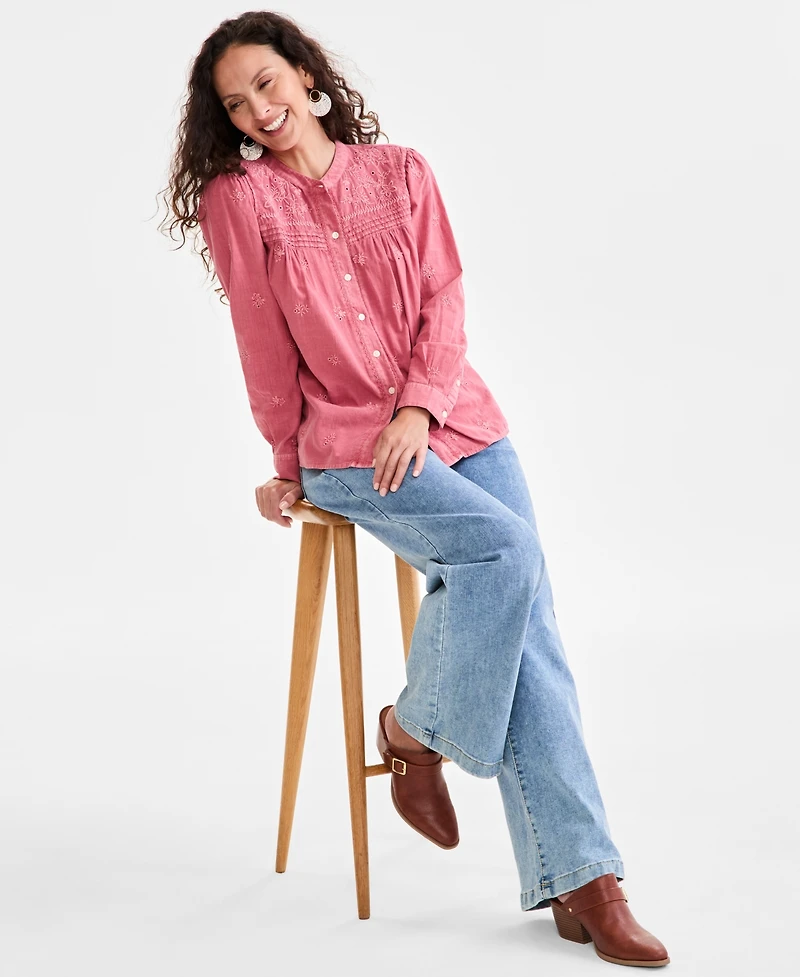 Style & Co Women's Embroidered Cotton Button-Front Top, Exclusively at Macy's