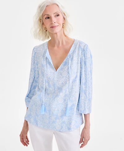 Style & Co Petite Floral Medallion Easy Split-Neck Blouse, Exclusively at Macy's