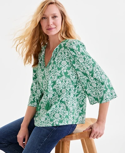 Style & Co Petite Floral Medallion Easy Split-Neck Blouse, Exclusively at Macy's