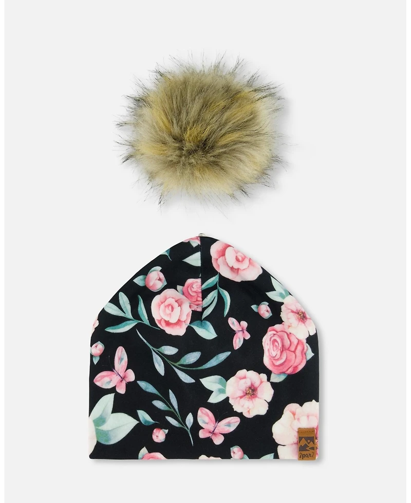 Deux par Deux Girl Printed Jersey Detachable Pompom Hat Pink, Black, And Flowers - Toddler|Child