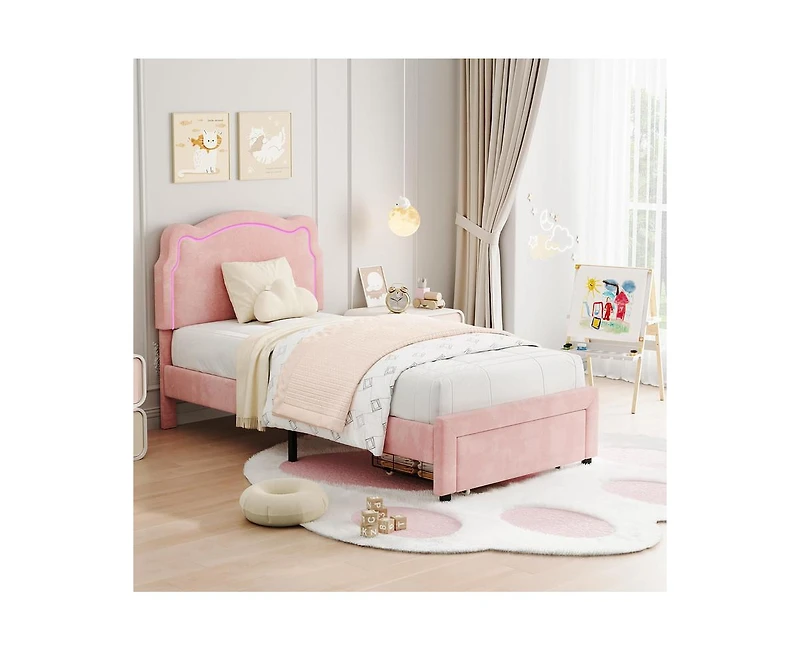 gaomon Twin Upholstered Smart Led Bed Frame with Adjustable Bear Headboard, Storage Drawer, Velvet Princess Platform Bed Frame for Kids/Girls, Wooden