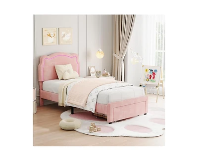 gaomon Twin Upholstered Smart Led Bed Frame with Adjustable Bear Headboard, Storage Drawer, Velvet Princess Platform Bed Frame for Kids/Girls, Wooden