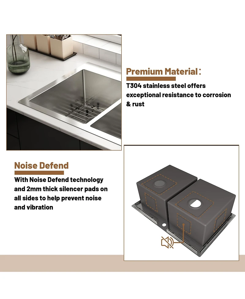 Casainc 33inch L x 22inch W Double Basin Drop-in Kitchen Sink with Accessories