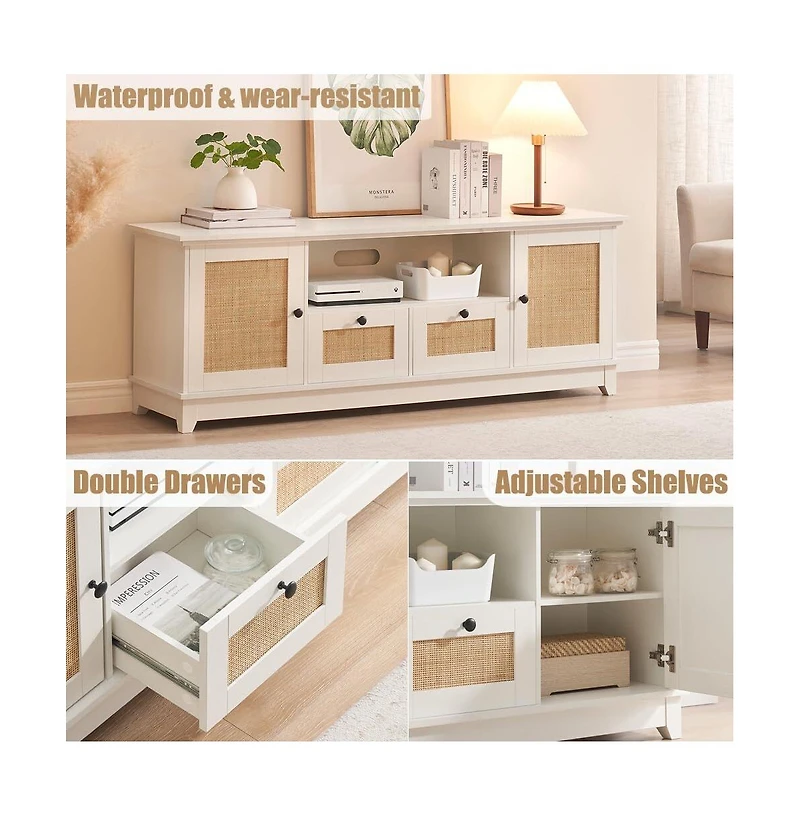 gaomon Rattan Tv Stand for 65 Inch Tv, White Entertainment Center Modern Tv Console Table