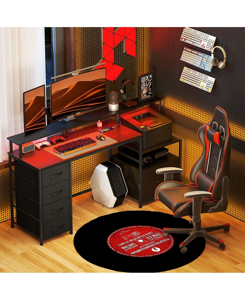 67" Computer Desk Home Office with File Cabinet Lights