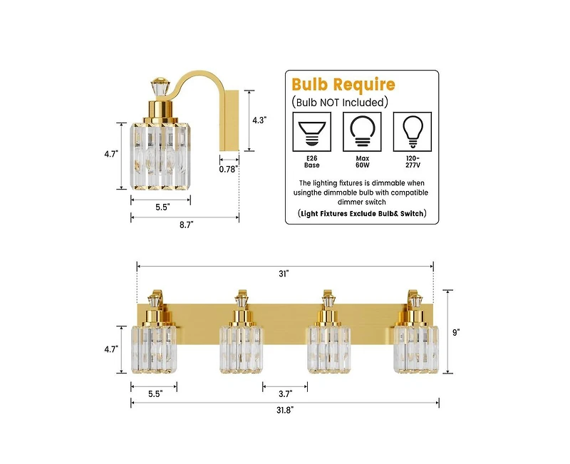 gaomon Modern Crystal Bathroom Vanity Lights Gold Bathroom Light Fixtures Crystal Vanity Shower Lights Over Mirror, Mirror Glass Crystal Bathroom Vani