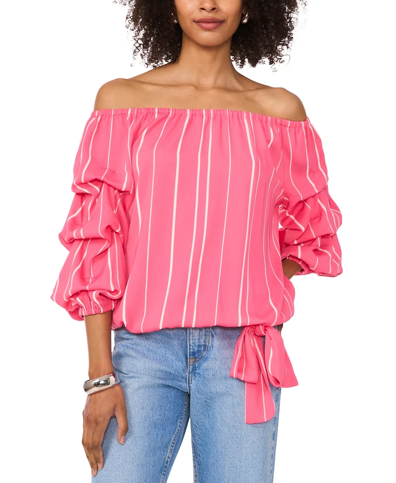 Vince Camuto Women's Striped Off-The-Shoulder Bubble 3/4-Sleeve Tie-Front Blouse