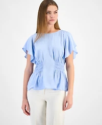Anne Klein Petite Smocked-Waist Flutter Sleeve Top