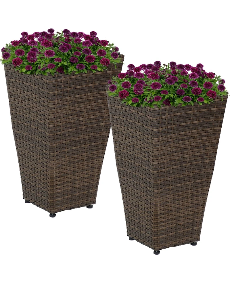 Modern Decorative Standing Square Polyrattan Planter Containers - Brown - 2-Pack