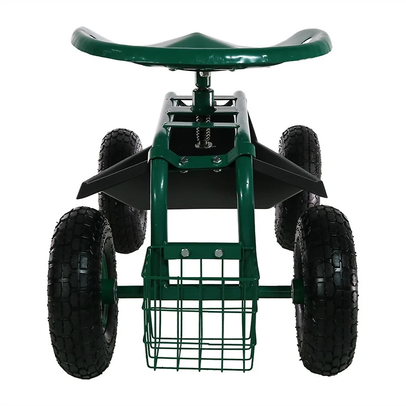 Rolling Gardening Cart with Adjustable 360-Degree Swivel Seat - Utility Tool Tray and Storage Basket - Green