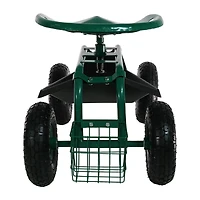 Rolling Gardening Cart with Adjustable 360-Degree Swivel Seat - Utility Tool Tray and Storage Basket - Green