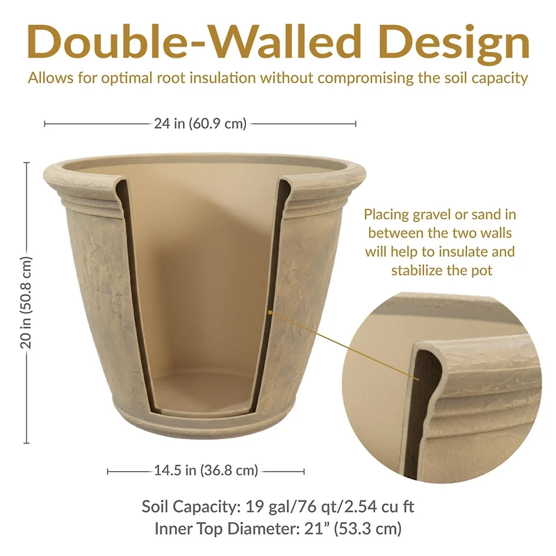 Anjelica 24" Double-Walled Polyresin Outdoor Planter with Uv-Resistant Beige Finish - Set of 4