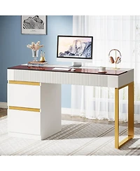Tribesigns Vanity Desk with Glass Top, 4 Drawers Makeup Vanity Table, Modern Makeup Dresser Desk, White Gold Vanities with Visual Drawer for Bedroom