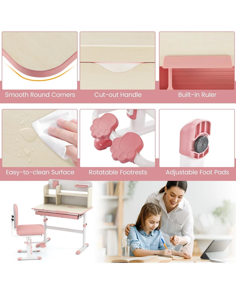 Gouun Kids Height Adjustable Children School Home Study Table and Chair Set with Tilted Desktop for 3-12 Years Old