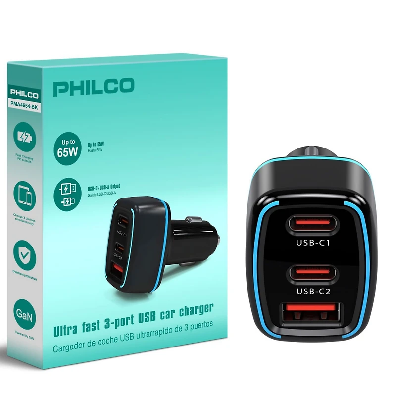 Philco Car Charger PD45W, 2 Usb-c + 1 Usb-a Fast Charging Adapter, Compact 12V/24V Vehicle Charger