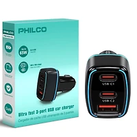 Philco Car Charger PD45W, 2 Usb-c + 1 Usb-a Fast Charging Adapter, Compact 12V/24V Vehicle Charger