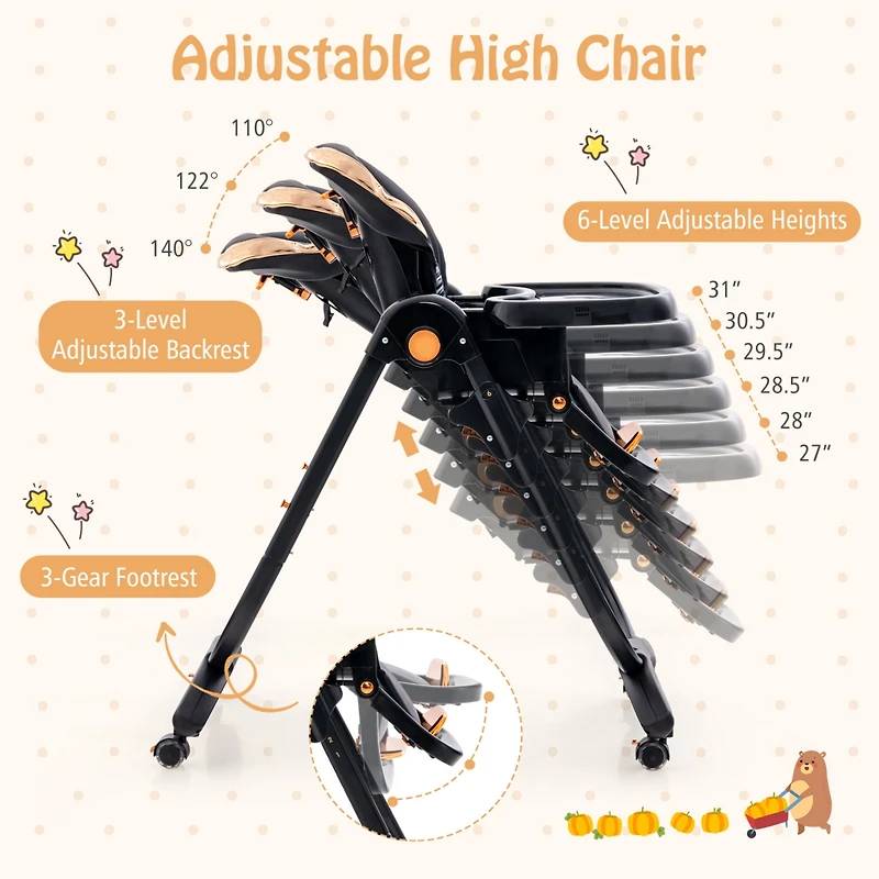 Gouun Folding Baby High Chair with Adjustable Height and Recline